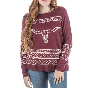 Longhorn Aztec Maroon Sweater Bull Design Long Sleeve Cotton & Rye Medium NWT